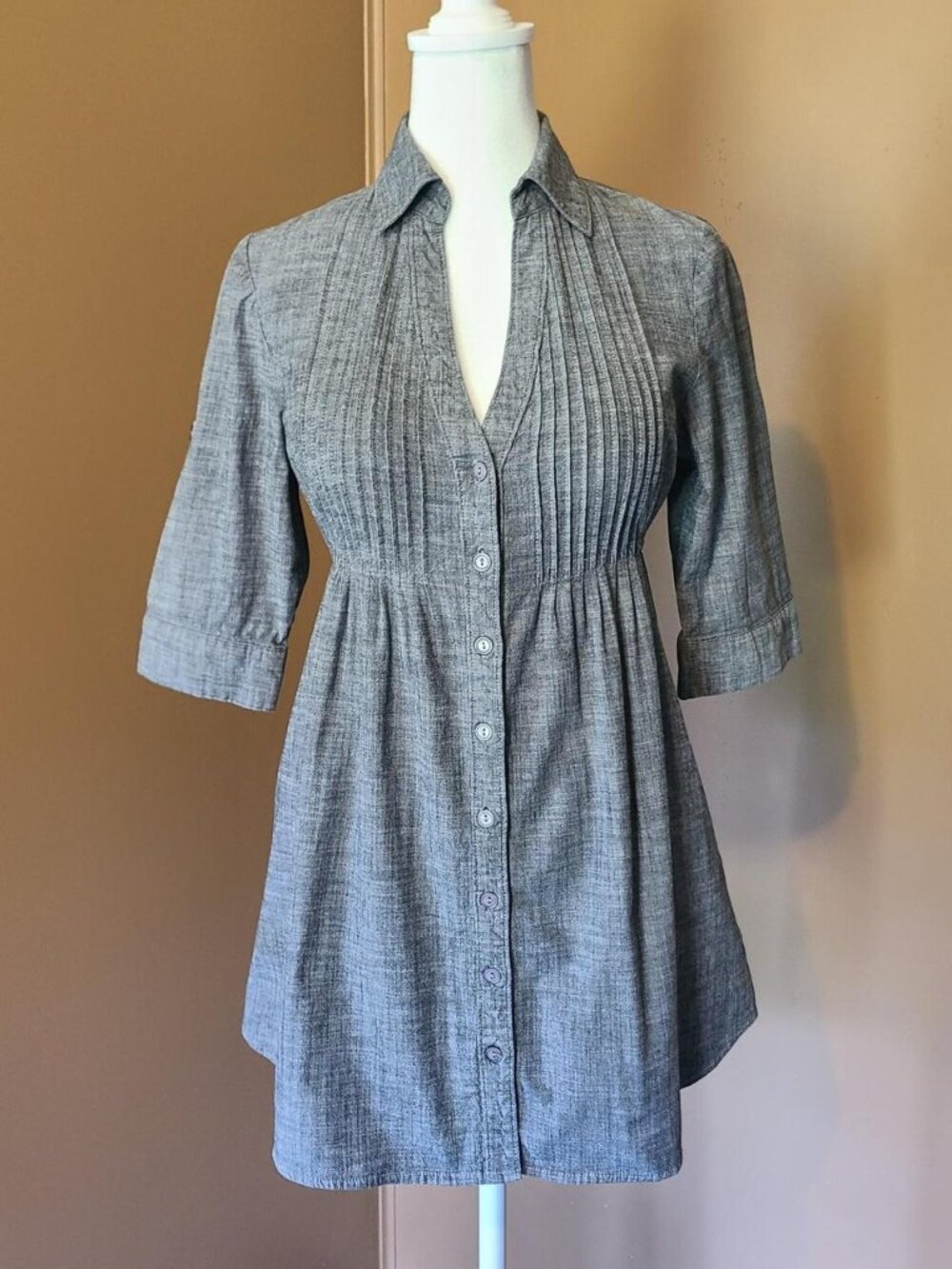 3sixteen Chambray Pleated Tunic Womens Size M Grey Button Front Blouse